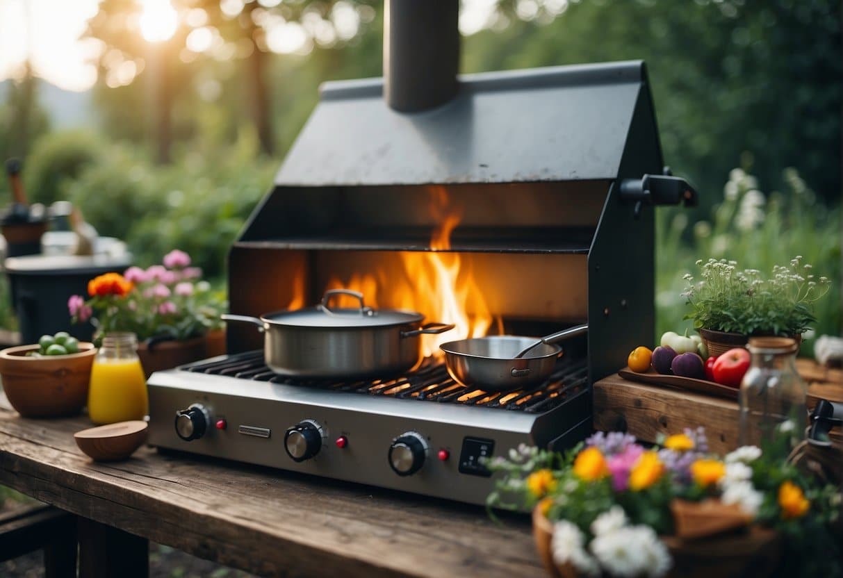 A campsite with a colorful outdoor kitchen setup, surrounded by blooming spring flowers and greenery. A cozy campfire burns in the background as cooking utensils and fresh ingredients are laid out on a rustic table
