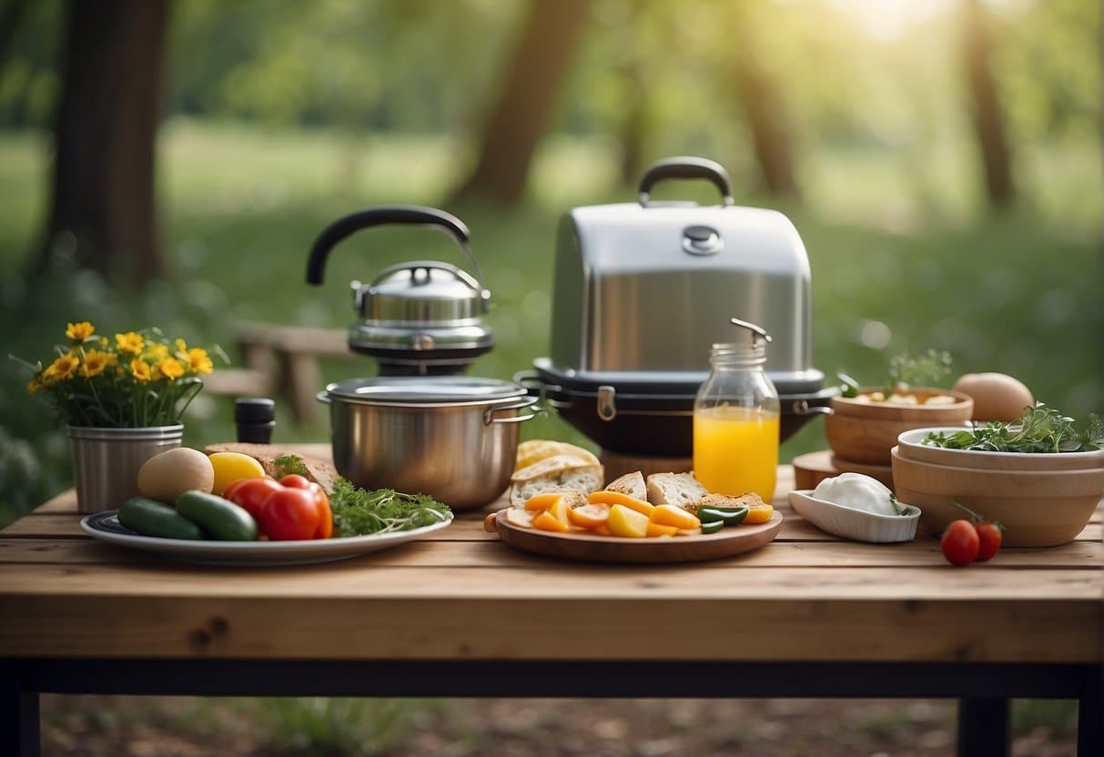 A springtime outdoor kitchen with camping equipment and simple recipe ingredients set up on a picnic table
