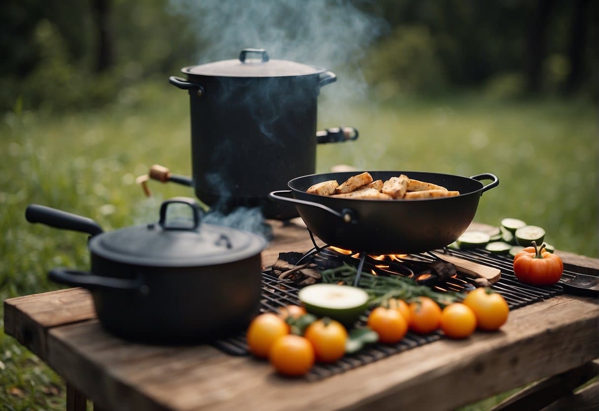 A campsite with a simple outdoor kitchen set up, surrounded by nature, with a small fire pit, cooking utensils, and fresh ingredients for spring recipes