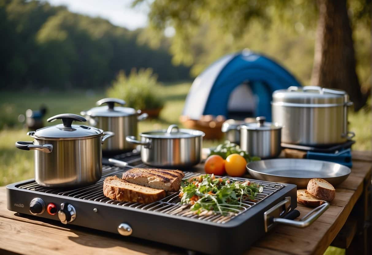 A campsite with a portable kitchen setup, surrounded by trees and a clear blue sky. Cooking utensils and ingredients are neatly organized on a table, ready for outdoor cooking