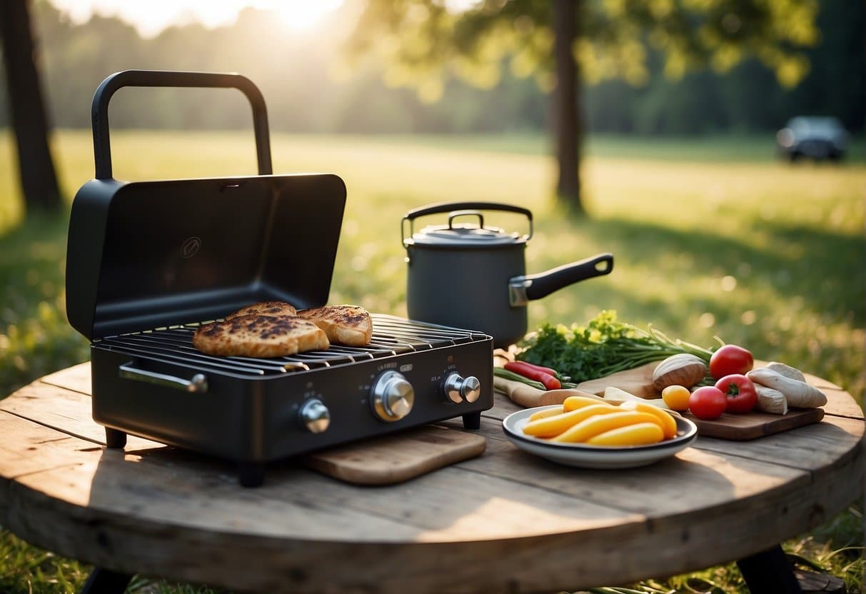 A sunny campsite with a picnic table set for cooking. A portable stove, cooking utensils, and fresh ingredients are laid out for preparing simple outdoor meals