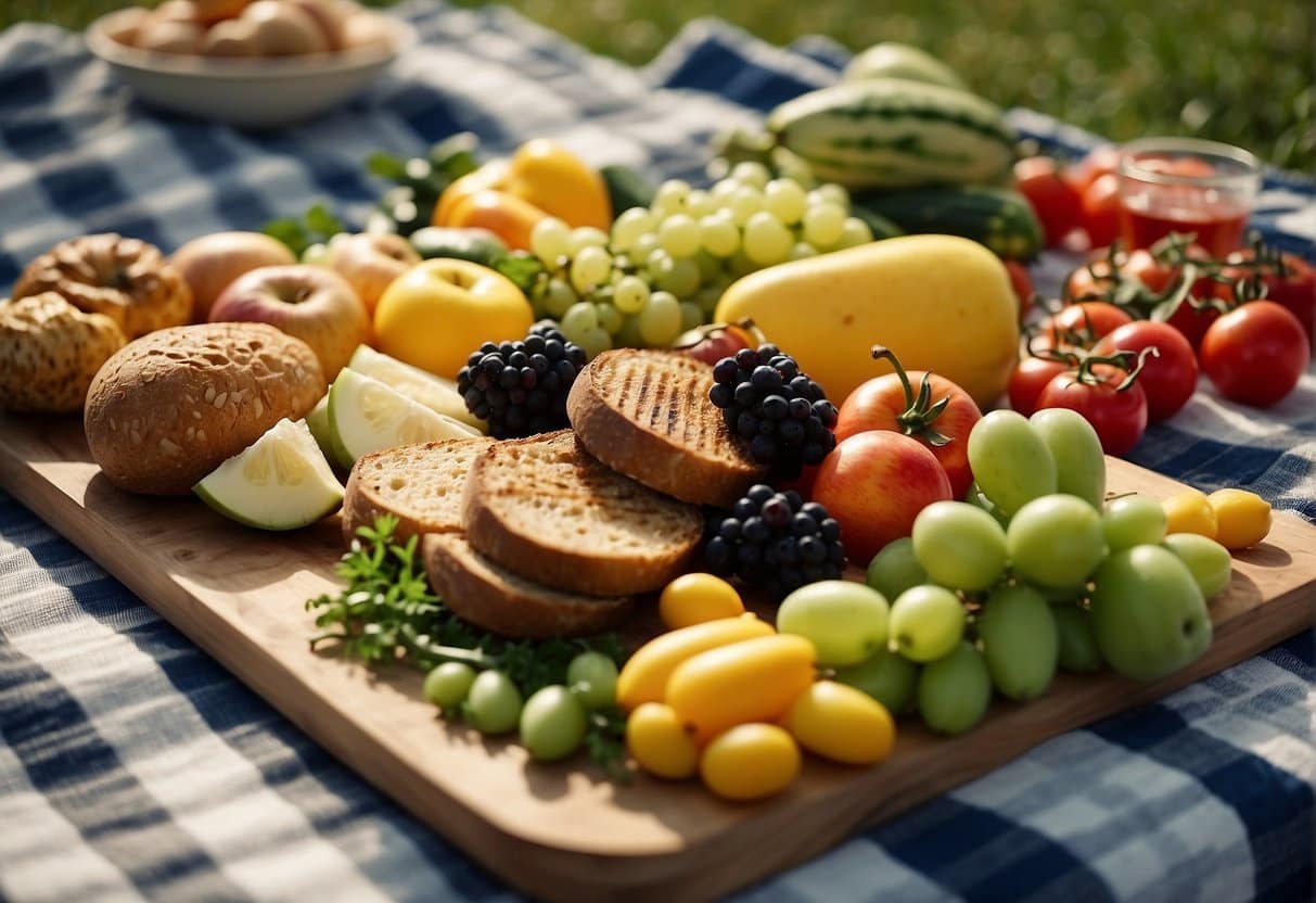 A picnic spread with fresh fruits, vegetables, and grilled dishes on a checkered blanket under a sunny sky