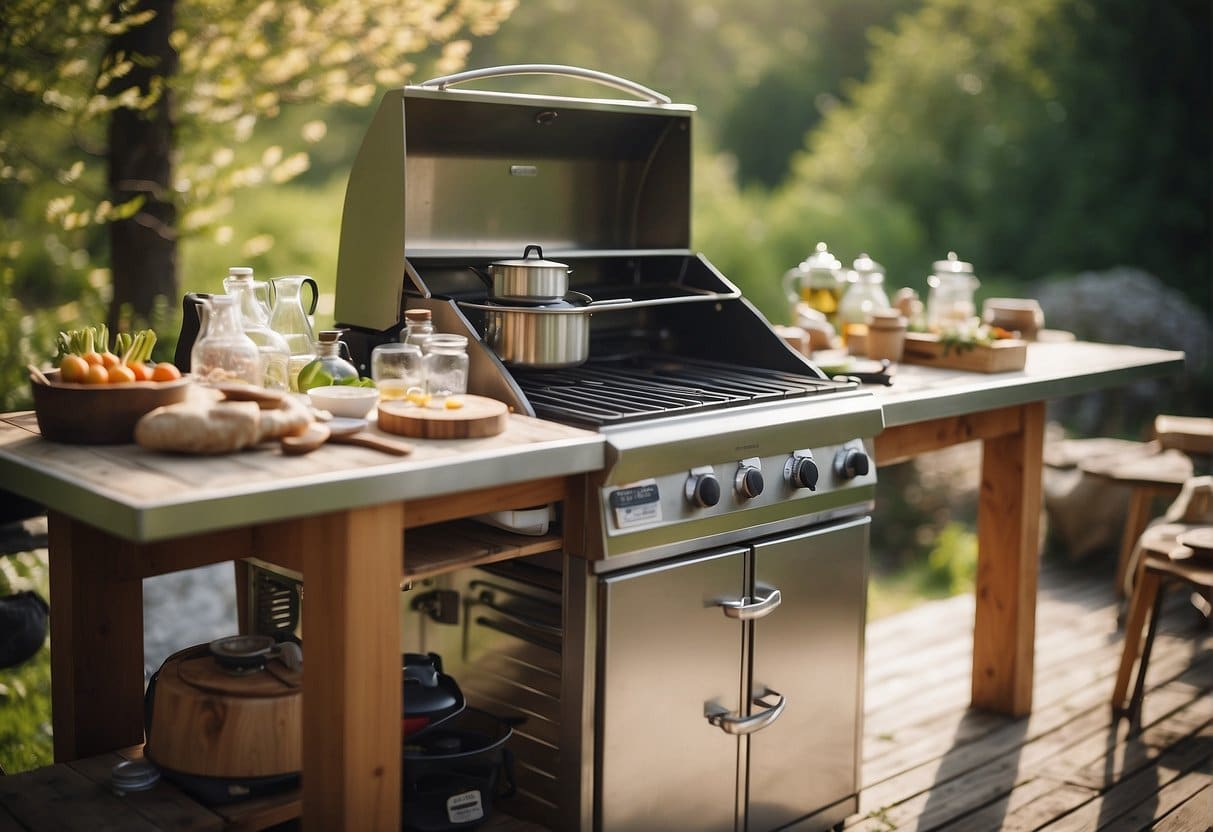 A springtime outdoor kitchen with sustainable and clean cooking supplies for camping