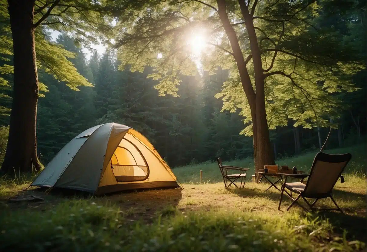 A campsite with a tent, campfire, and camping gear set up in a lush green forest clearing, with the sun shining through the trees