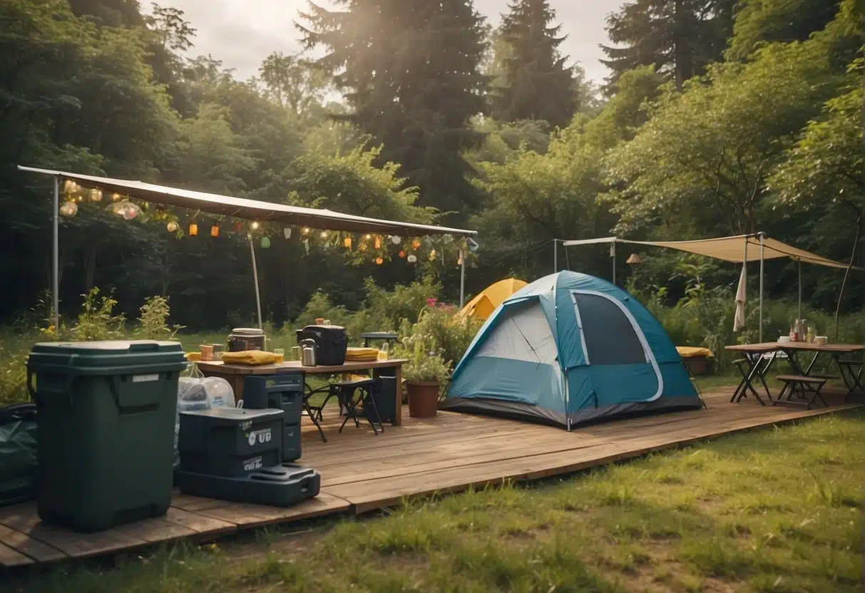 A campsite with a sustainable setup, featuring solar panels, recycling bins, and eco-friendly camping gear. The scene is set in a lush outdoor setting with blooming flowers and trees, showcasing a mix of sunny and rainy weather