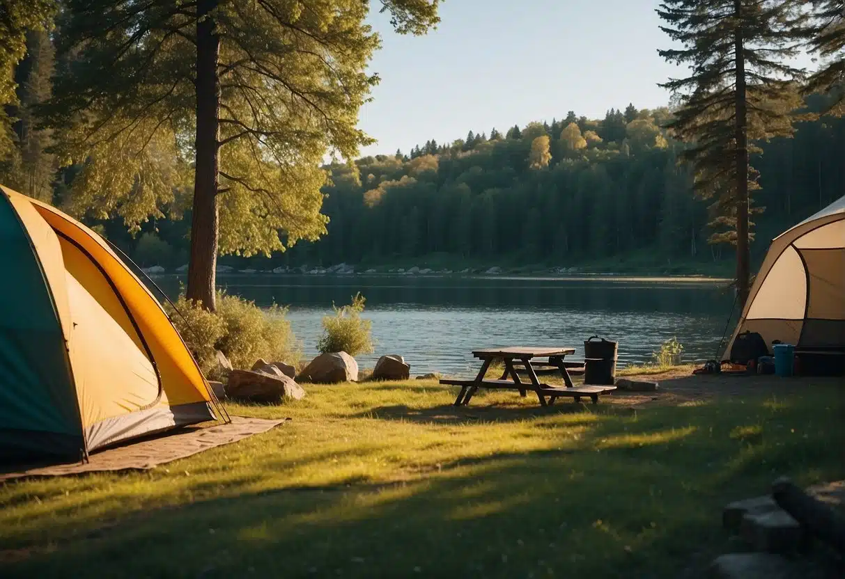 A sunny campsite with a clear blue sky, surrounded by lush green trees and a sparkling river. A colorful tent is set up in the middle, with a cozy campfire nearby