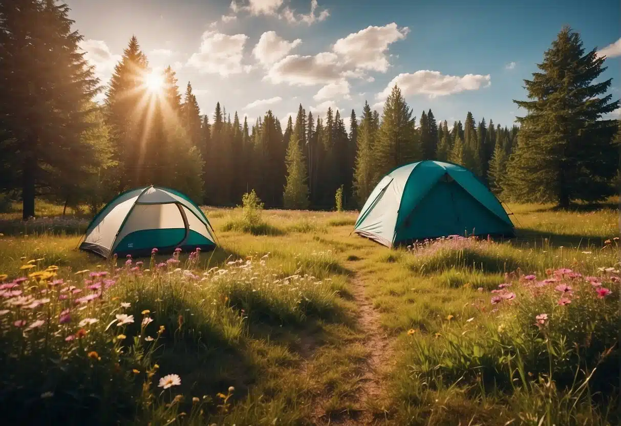 A colorful campsite with a tent pitched in a lush, green meadow surrounded by blooming wildflowers and tall trees under a bright, sunny sky