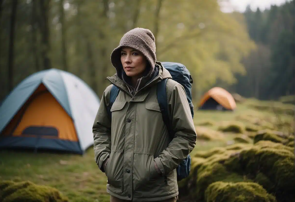 A person in spring camping attire, prepared for any weather condition, standing outdoors