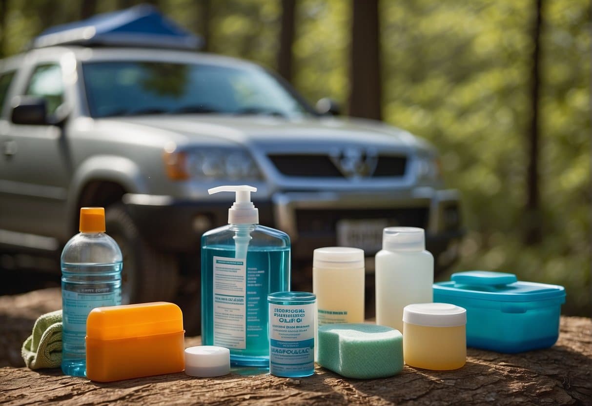 A spring camping scene with hygiene and health items neatly arranged on a checklist: toothbrush, soap, first aid kit, sunscreen, and water bottle