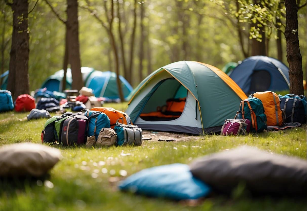 A colorful camping scene with tents, backpacks, and outdoor gear laid out in a sunny spring setting