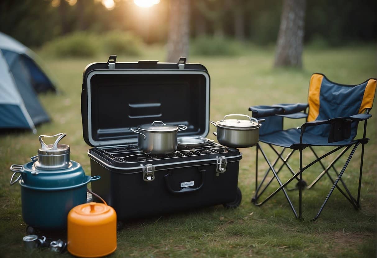 A campsite with a portable kitchen setup, including a gas stove, pots and pans, utensils, and a cooler. A table with food and drinks, surrounded by camping chairs and a tent in the background
