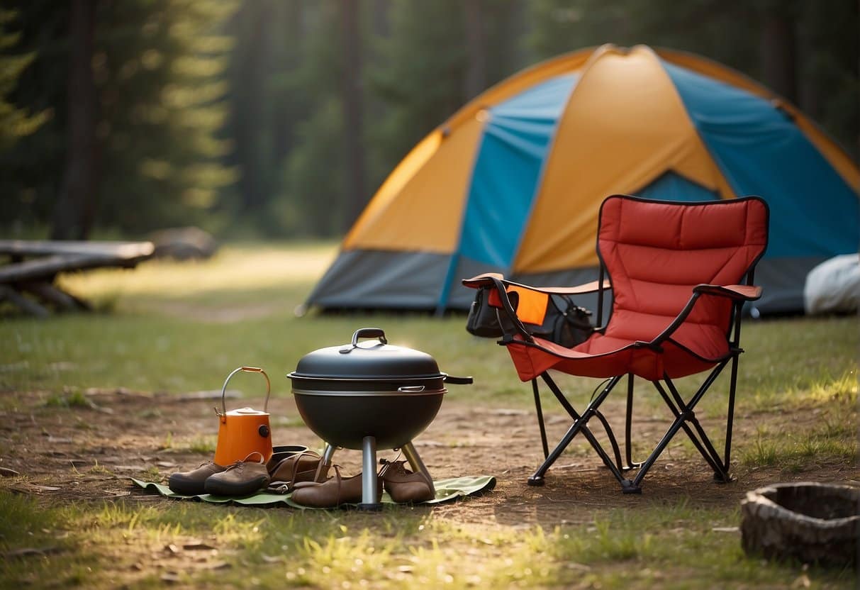 A sunny campsite with a colorful tent, camping chairs, and a portable grill. Nearby, a backpack and hiking boots are neatly arranged