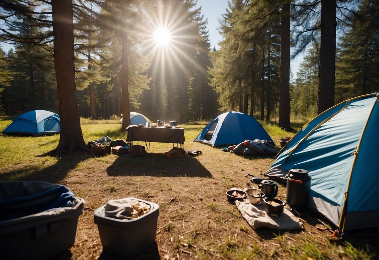 A sunny campsite with a tent, sleeping bags, and cooking equipment laid out. Surrounding trees and a clear blue sky indicate a peaceful spring camping scene