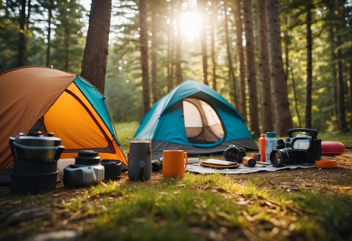 A colorful camping scene with a tent, camping gear, and nature backdrop, with a checklist of camping essentials displayed prominently