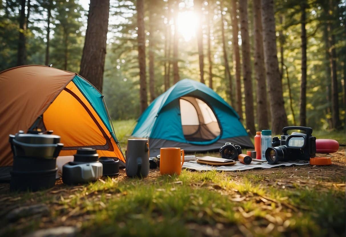 Deine Checkliste für die perfekte Ausrüstung: Frühlingscamping leicht gemacht 10 A colorful camping scene with a tent, camping gear, and nature backdrop, with a checklist of camping essentials displayed prominently