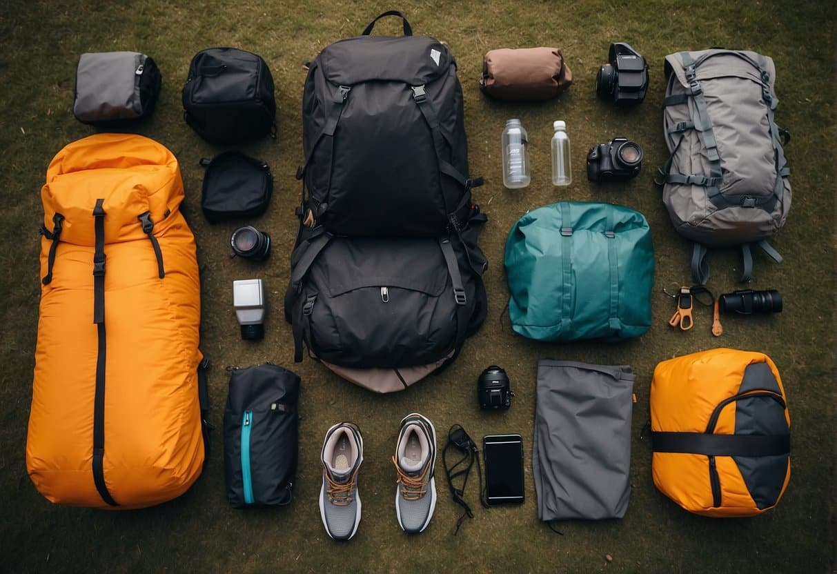 Spring camping gear laid out: clothes, personal items, and checklist for perfect equipment