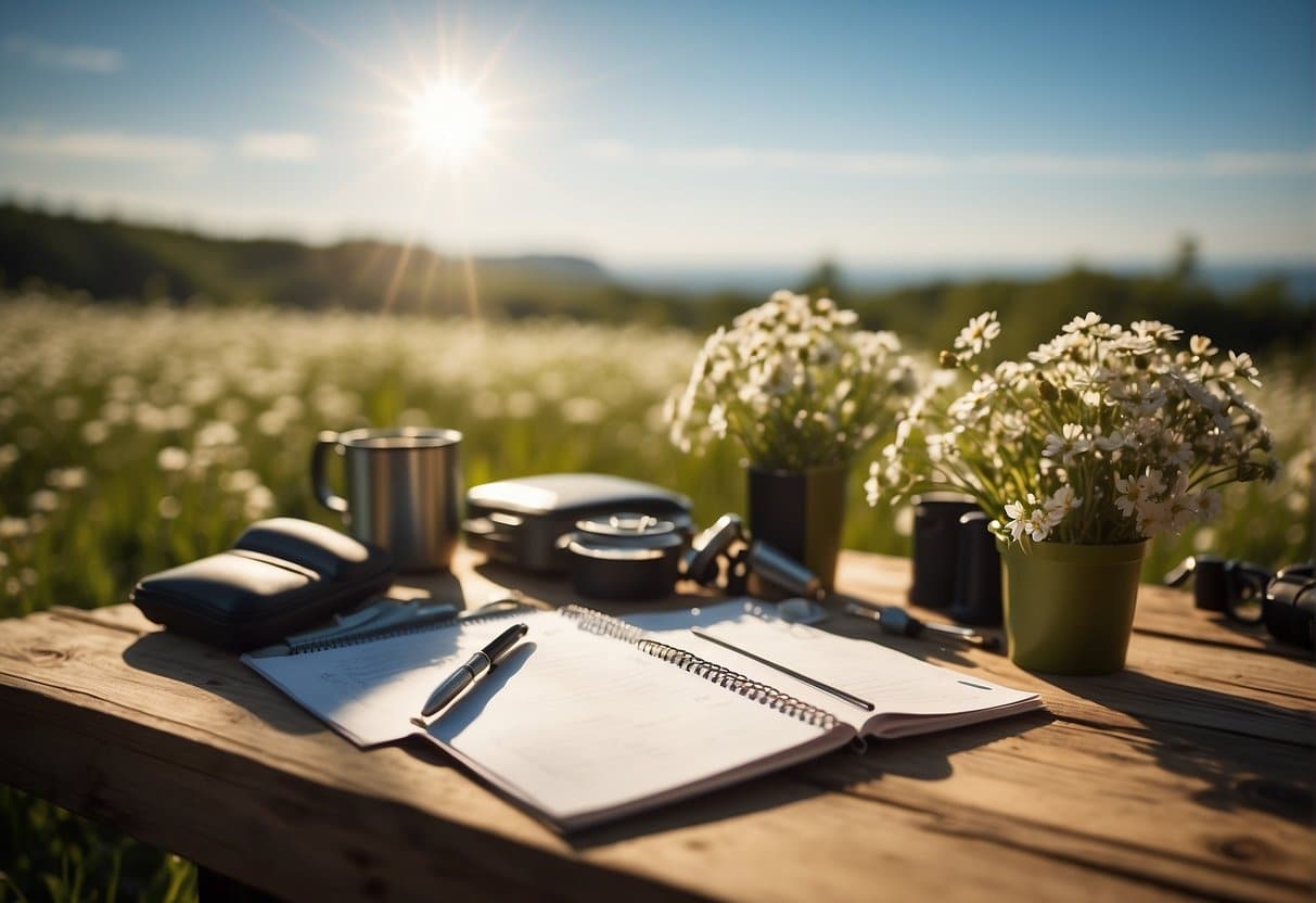 A checklist and planning for easy spring camping: A table with camping gear neatly organized, surrounded by blooming flowers and a sunny sky
