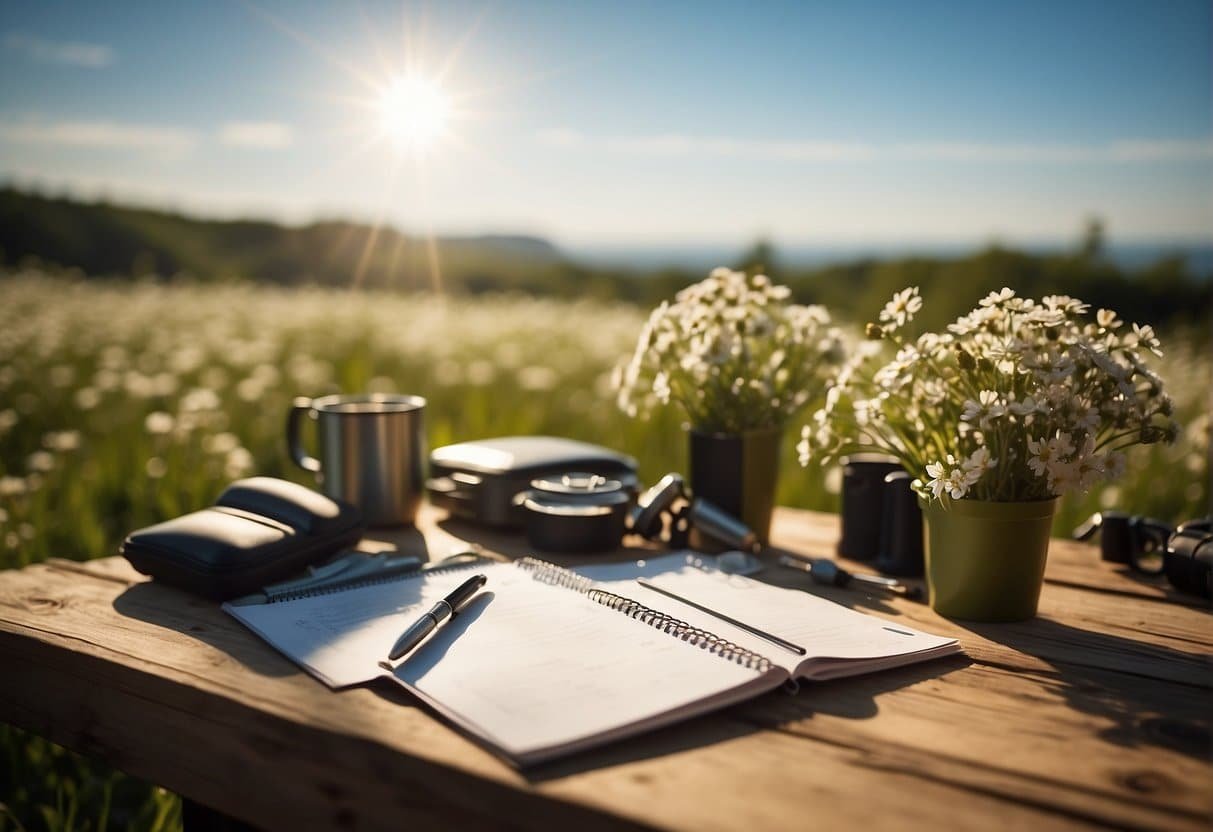 Deine Checkliste für die perfekte Ausrüstung: Frühlingscamping leicht gemacht 9 A checklist and planning for easy spring camping: A table with camping gear neatly organized, surrounded by blooming flowers and a sunny sky