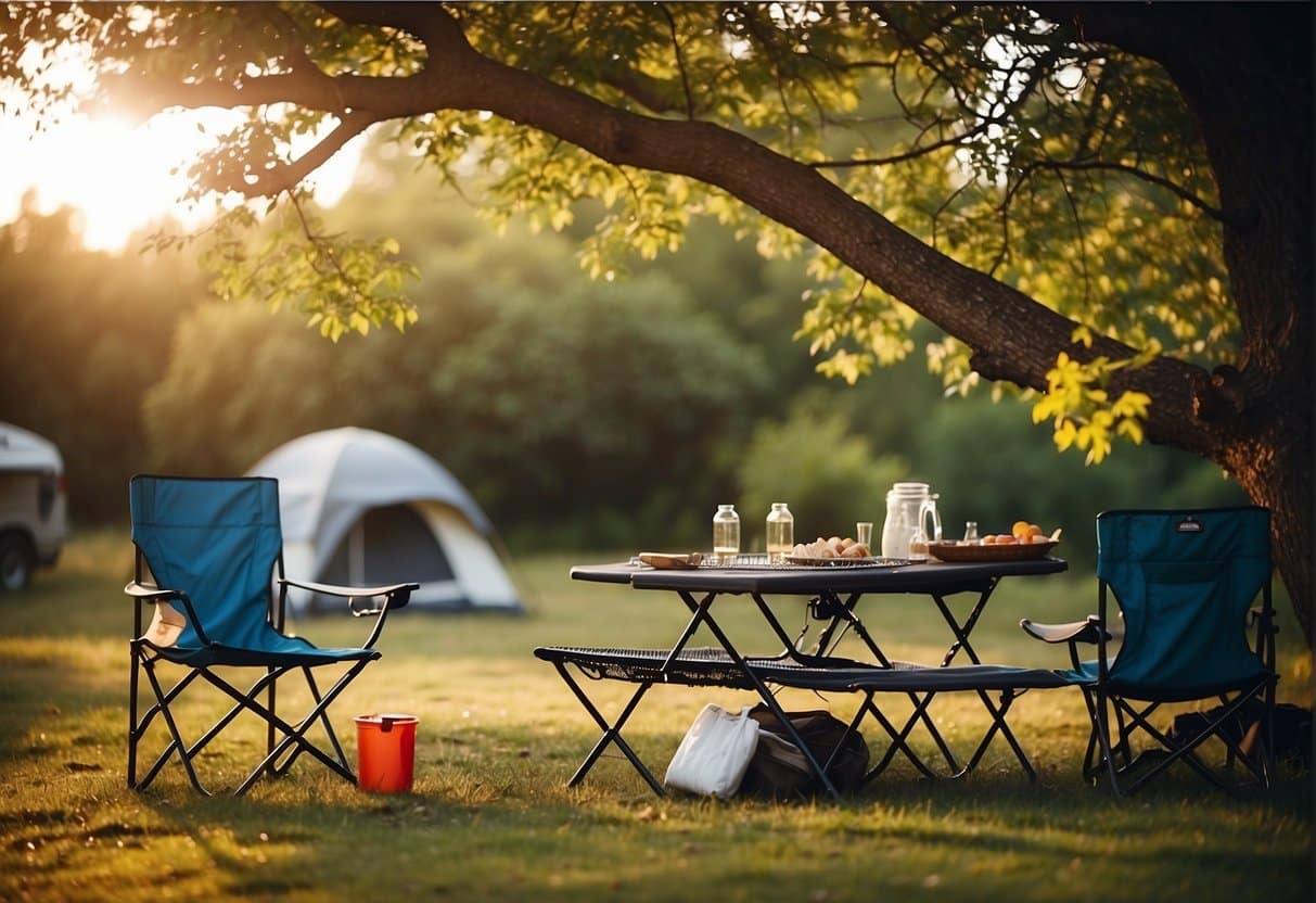 A campsite with folding chairs, a table, and a grill set up under a tree. Nearby, a tent and camping supplies are neatly organized