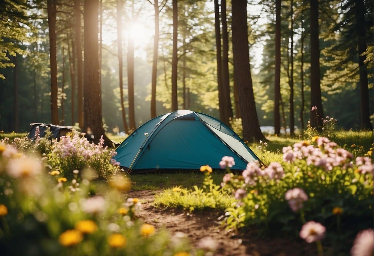 A sunny campsite with a tent, camping gear, and a navigation system. Trees and flowers in bloom surround the area, creating a peaceful and picturesque scene for spring camping