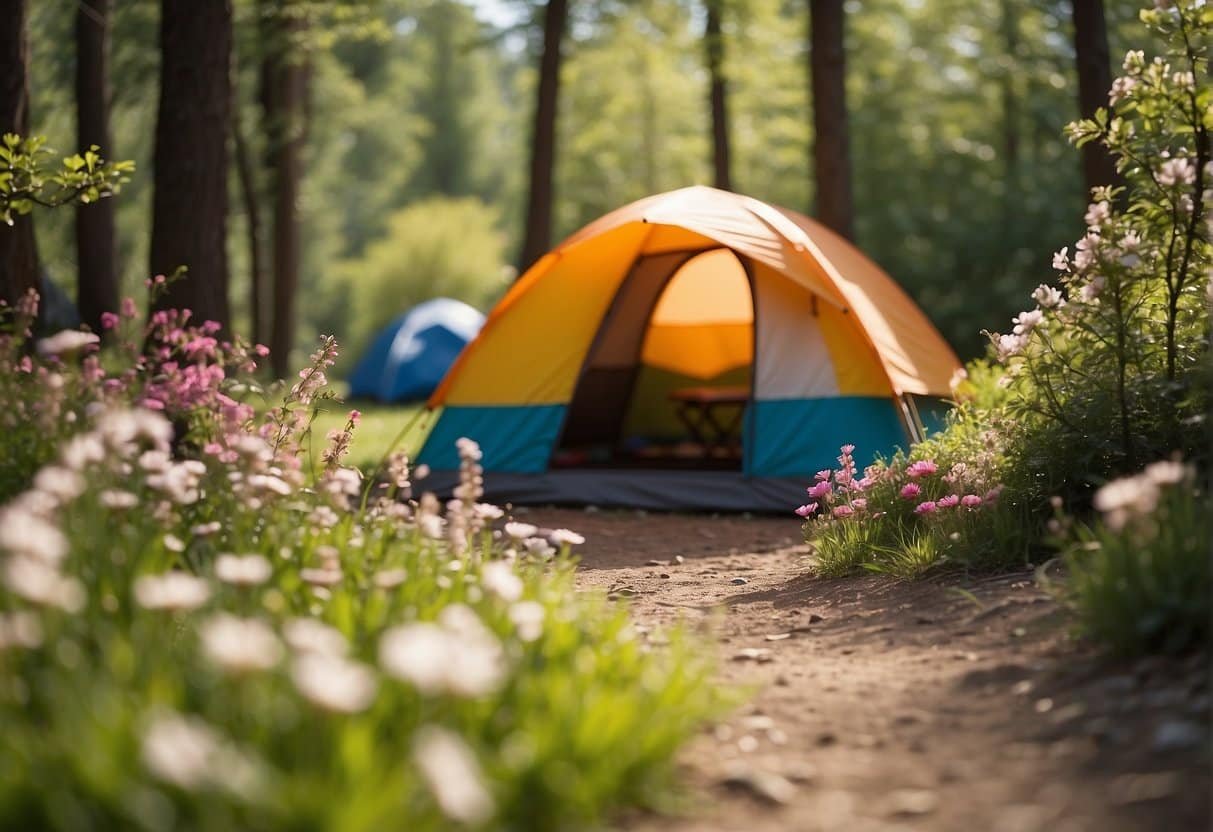 Nie wieder was vergessen: Die ultimative Packliste fürs Camping im Frühling 1 A sunny campsite in spring, with a colorful tent, campfire, and backpacks. Trees and flowers in bloom, birds chirping in the background