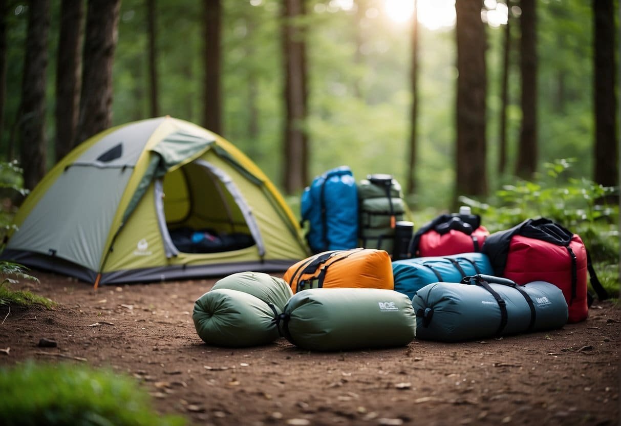 Nie wieder was vergessen: Die ultimative Packliste fürs Camping im Frühling 2 A campsite with a tent, campfire, and outdoor gear surrounded by spring foliage