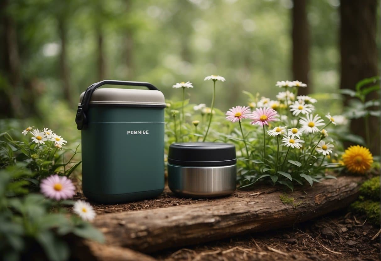 Nie wieder was vergessen: Die ultimative Packliste fürs Camping im Frühling 11 A campsite with eco-friendly gear, reusable containers, and solar-powered lights, surrounded by blooming flowers and lush greenery