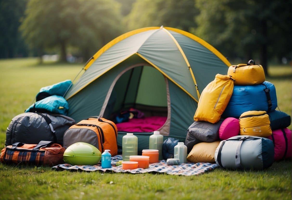 Nie wieder was vergessen: Die ultimative Packliste fürs Camping im Frühling 6 A colorful array of camping gear for kids and families, including tents, sleeping bags, and cooking supplies, arranged neatly on a grassy campsite