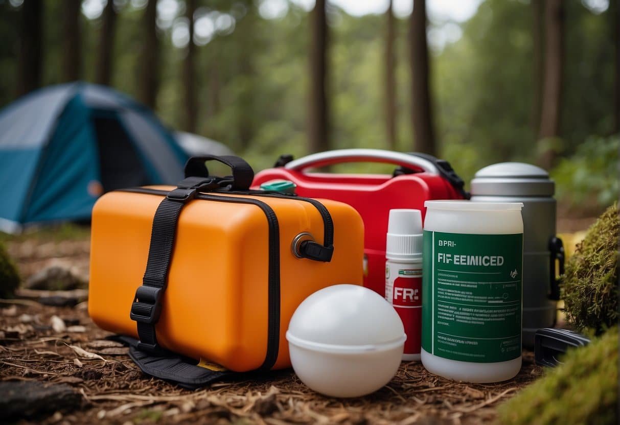 Nie wieder was vergessen: Die ultimative Packliste fürs Camping im Frühling 8 A campsite with safety and emergency equipment laid out neatly on the ground, including a first aid kit, fire extinguisher, and emergency whistle