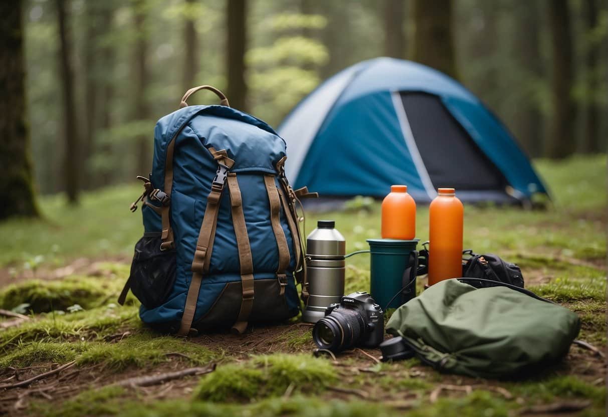 Nie wieder was vergessen: Die ultimative Packliste fürs Camping im Frühling 12 A camping scene with spring foliage, a tent, backpack, and camping gear laid out on the ground. The title "Frequently Asked Questions Nie wieder was vergessen: Ultimative Packliste fürs Camping im Frühling" is prominently displayed