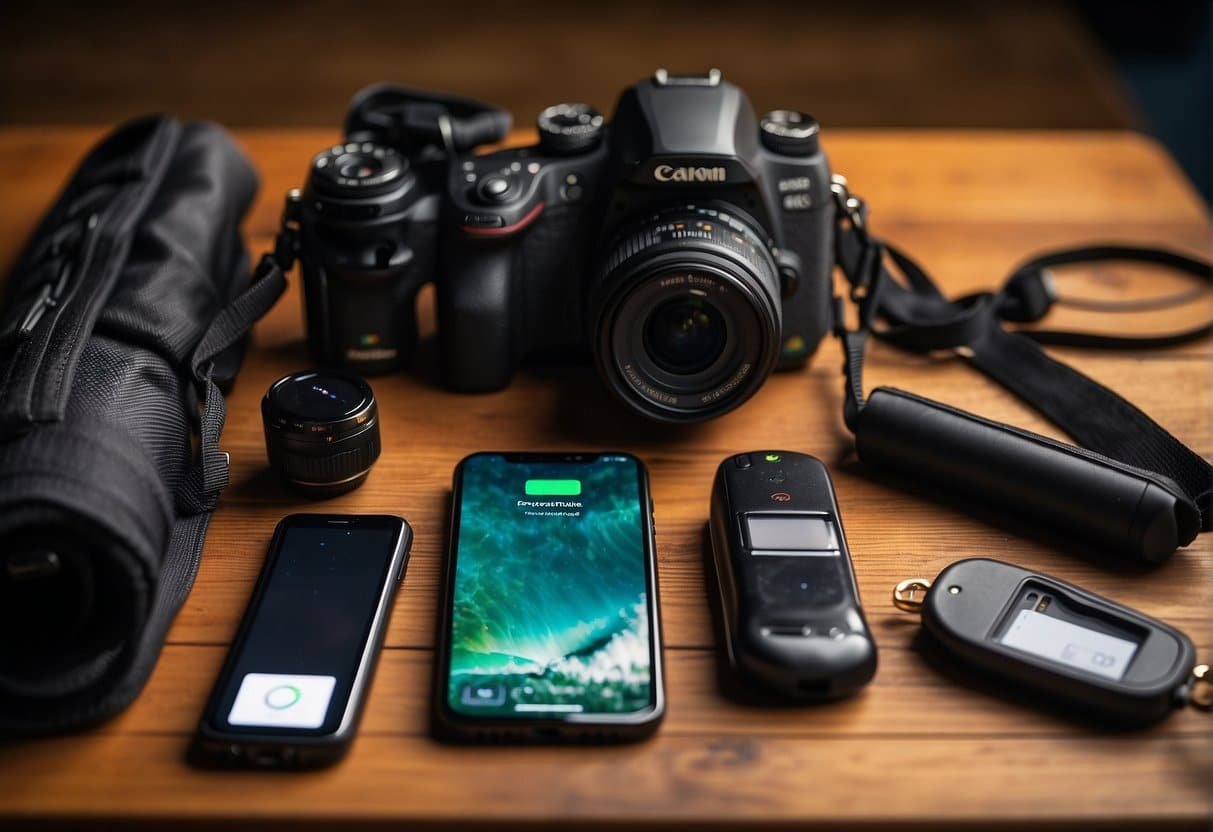 Nie wieder was vergessen: Die ultimative Packliste fürs Camping im Frühling 7 Electronic devices and accessories laid out on a table, including a smartphone, power bank, flashlight, and camping gear checklist