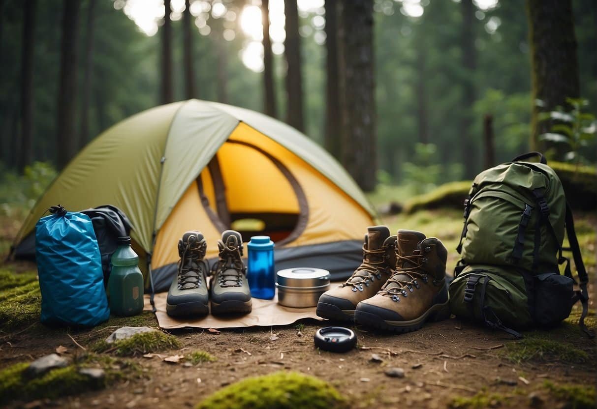 Nie wieder was vergessen: Die ultimative Packliste fürs Camping im Frühling 4 A camping scene with personal items scattered around: tent, sleeping bag, backpack, flashlight, map, water bottle, and hiking boots