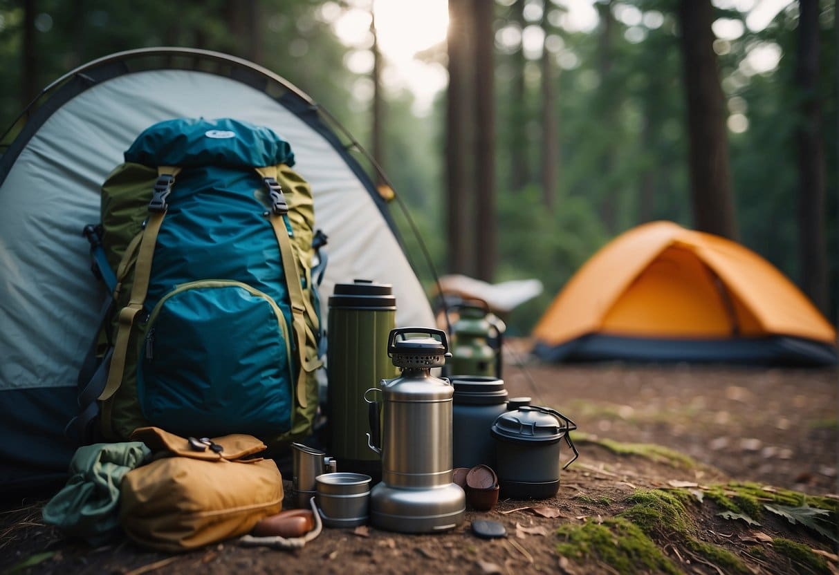 A camping scene with essential gear: tent, sleeping bag, backpack, lantern, cooking stove, water bottle, and hiking boots