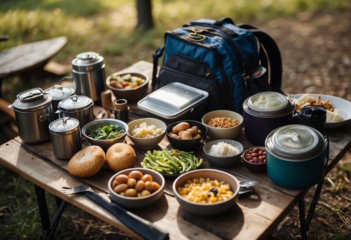A table with camping essentials: food, utensils, and cooking supplies neatly packed into a backpack