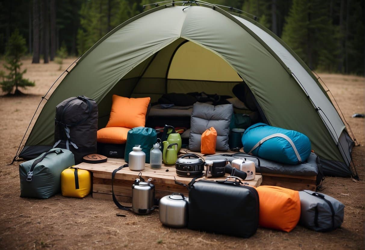 A neatly organized camping gear layout with tents, sleeping bags, cooking utensils, and outdoor gear