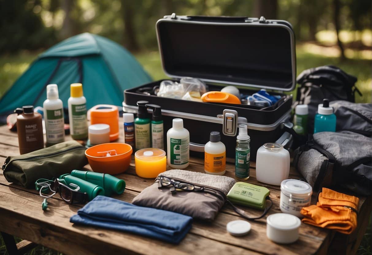 A neatly organized camping gear spread out on a table, including a first-aid kit, sunscreen, insect repellent, and other essential items for a safe and healthy spring camping trip