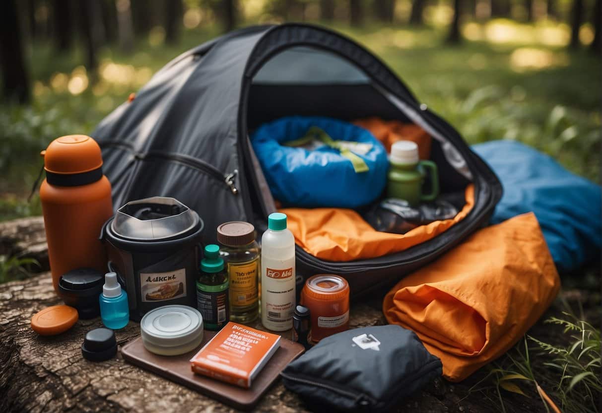 Items being packed into a camping bag: tent, sleeping bag, flashlight, map, compass, water bottle, first aid kit, sunscreen, bug spray, and snacks