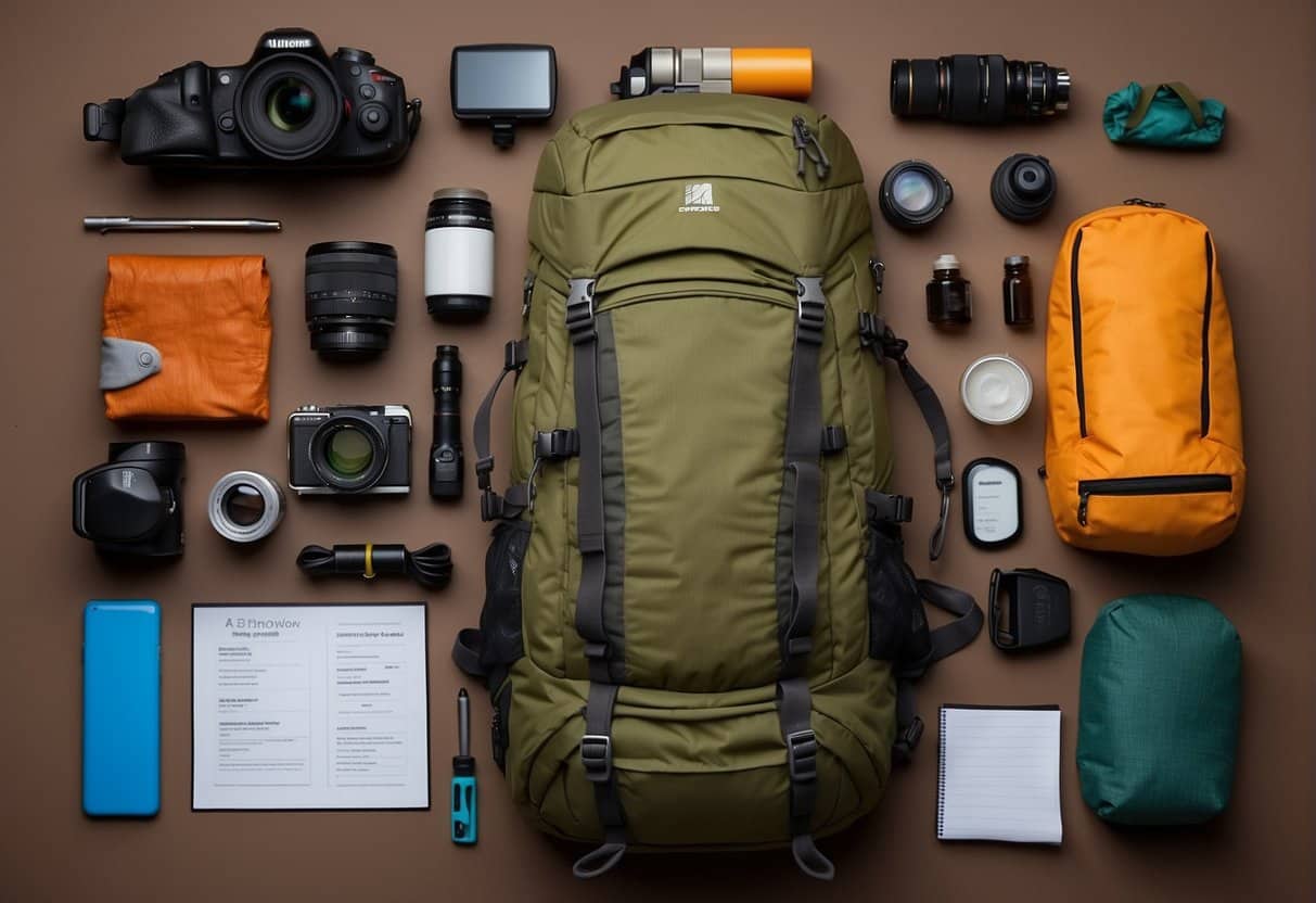 A neatly organized camping gear checklist with items packed efficiently into a backpack, ready for a spring camping trip
