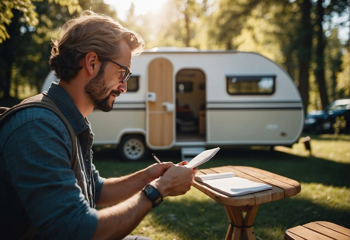 A person is planning and booking a caravan rental at a campsite