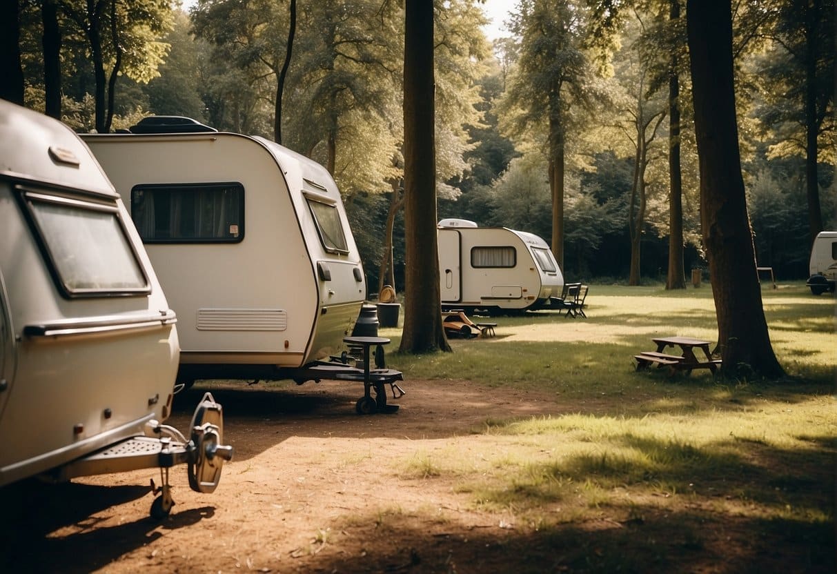 A caravan parked on a campsite, surrounded by trees and other campers