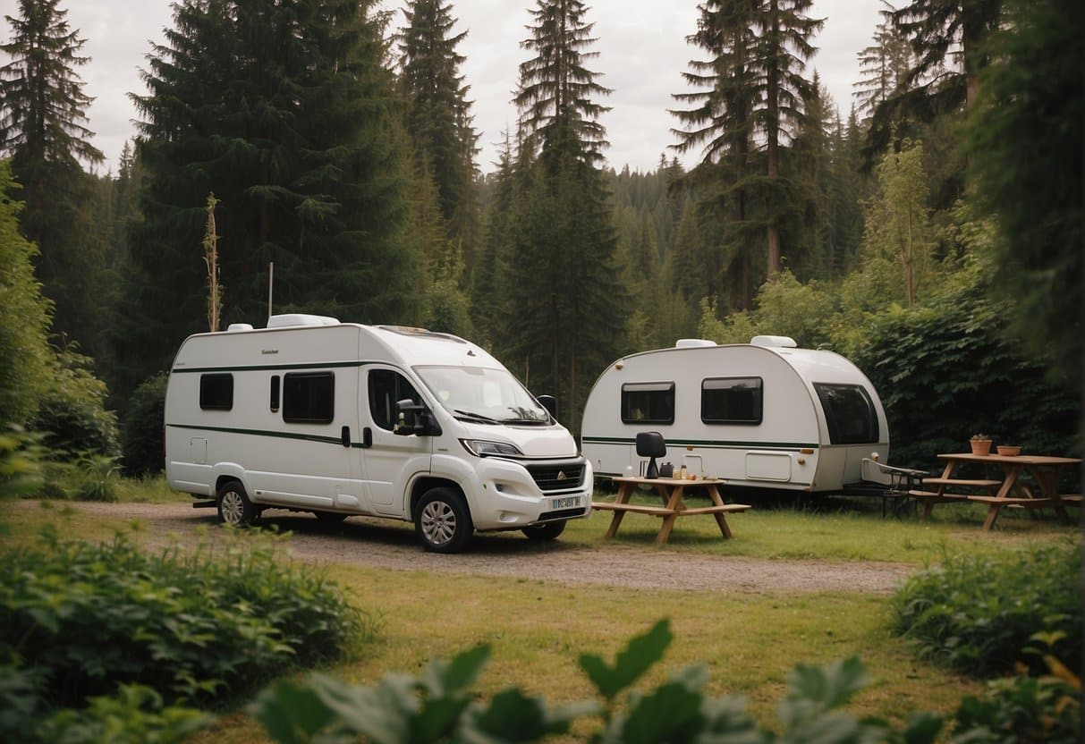 A caravan parked at a scenic camping site, surrounded by lush greenery and a tranquil atmosphere