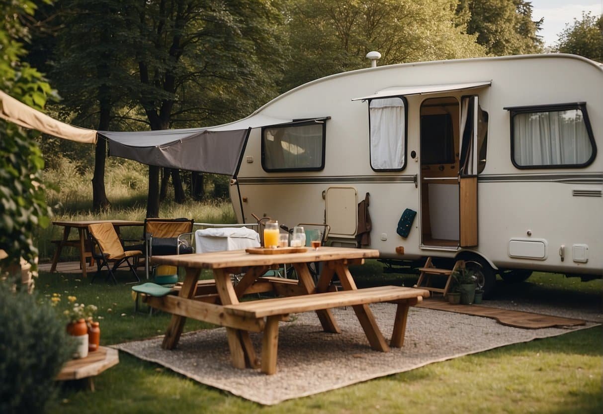 A caravan parked on a campsite, surrounded by trees and other caravans. A picnic table and chairs are set up outside, with a small grill nearby