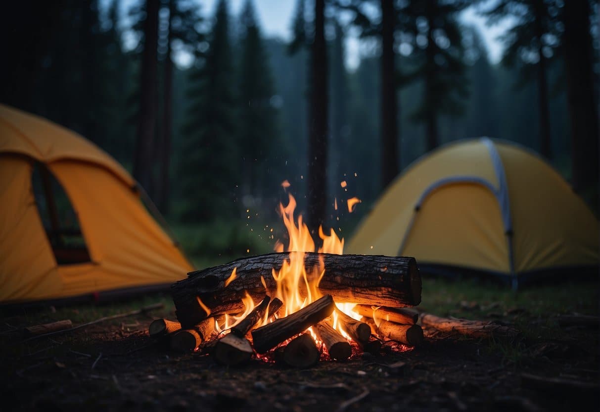A campfire crackles under a starry sky in the Black Forest, surrounded by tents and hiking trails