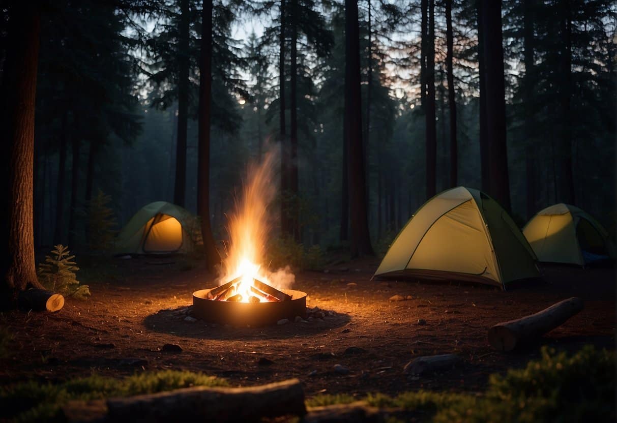 A campfire crackles in the center of a dense forest clearing. Tents are pitched around the fire, and the moon shines through the tall trees