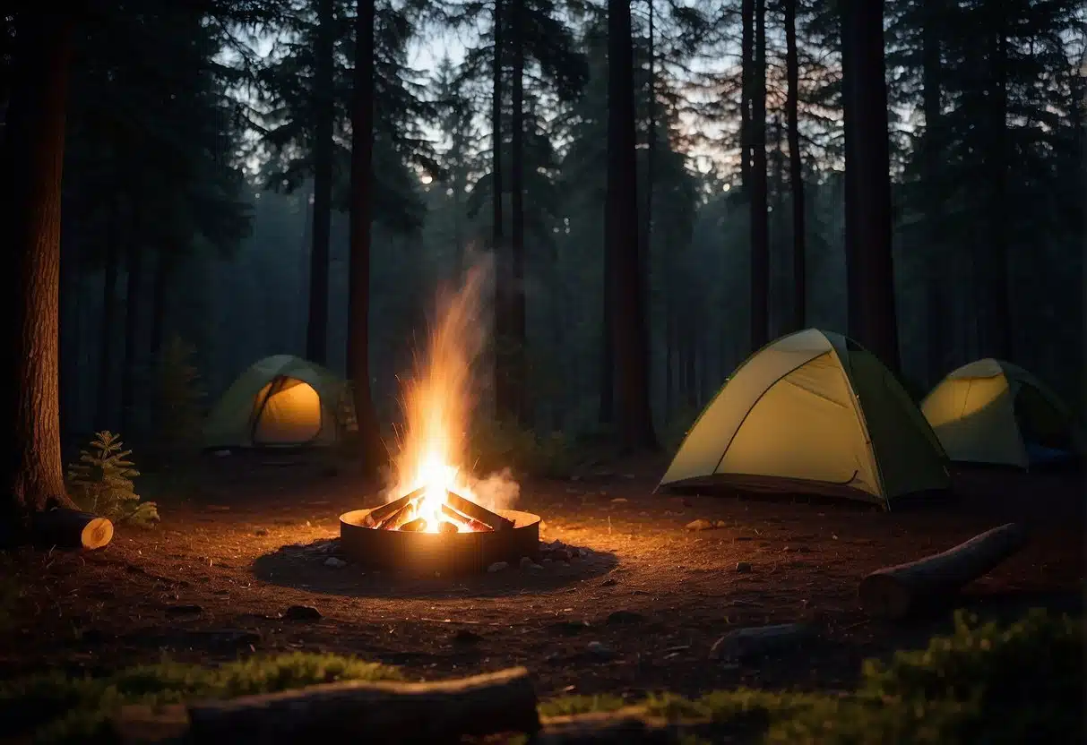 Camping Schwarzwald: Die besten Campingplätze und Tipps für einen unvergesslichen Urlaub 1 A campfire crackles in the center of a dense forest clearing. Tents are pitched around the fire, and the moon shines through the tall trees