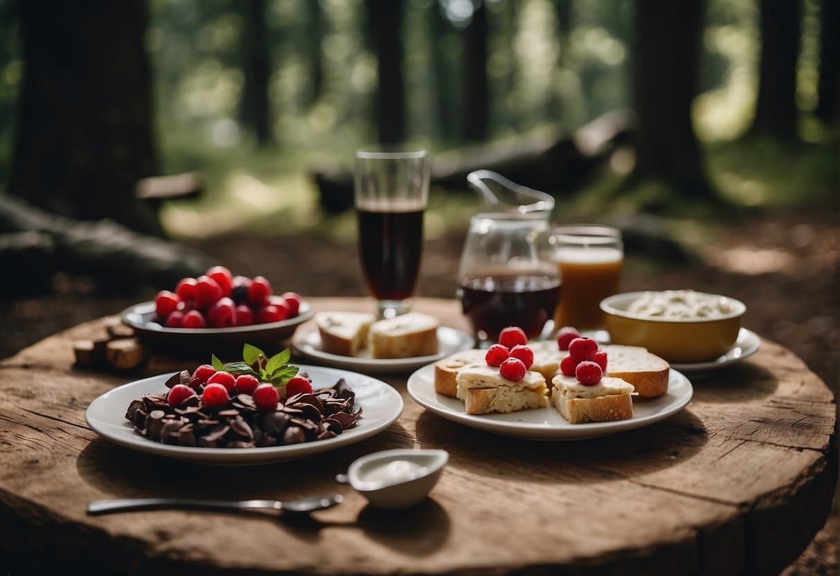 A table filled with local Black Forest specialties, surrounded by a cozy campground setting