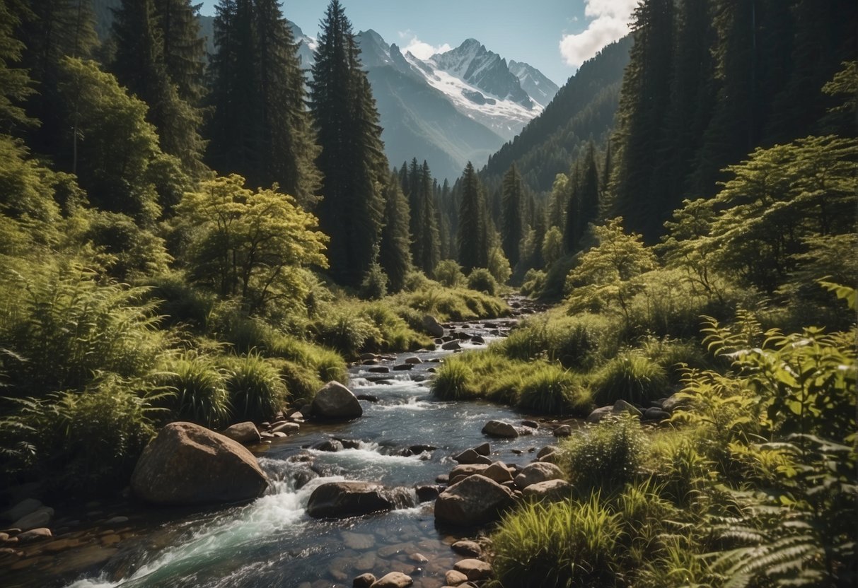 Lush forest with diverse wildlife, tents pitched in a clearing, a flowing stream, and towering mountains in the background