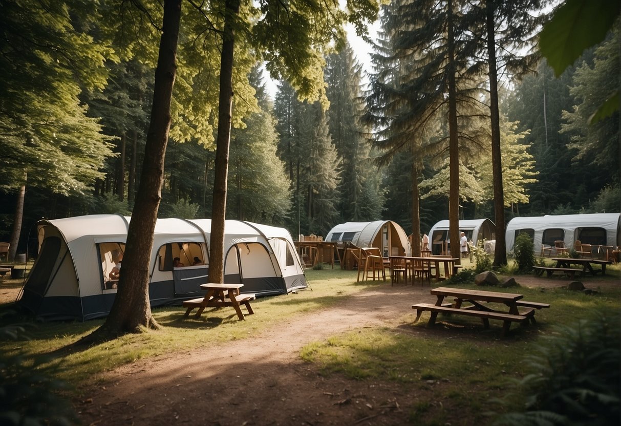 The scene depicts a well-equipped campsite in the Black Forest with facilities and services such as tents, cabins, a reception building, a playground, and a communal dining area surrounded by lush greenery and towering trees