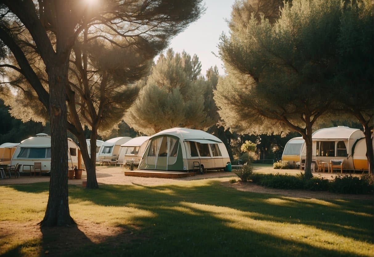A serene campground in Bibione with bungalows and maxicaravans nestled among lush greenery and surrounded by a peaceful natural landscape