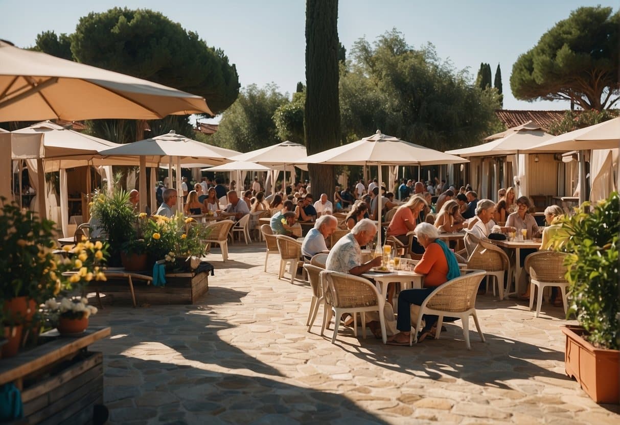 A bustling scene at a campsite in Bibione, with people dining at outdoor tables, surrounded by bungalows and Maxicaravans